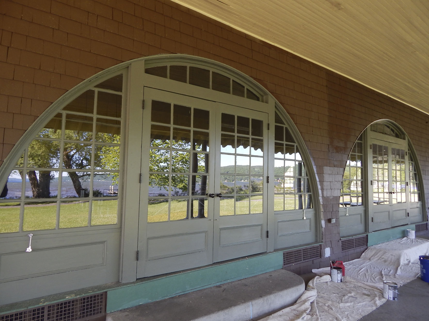 The restored pavilion being repainted